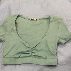 Zara Ribbed V-Neck Cropped Top in Light Sage